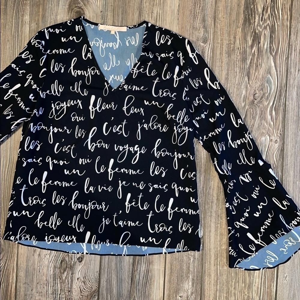 Anthropologie Hutch Parisian Script Bell Sleeve Top